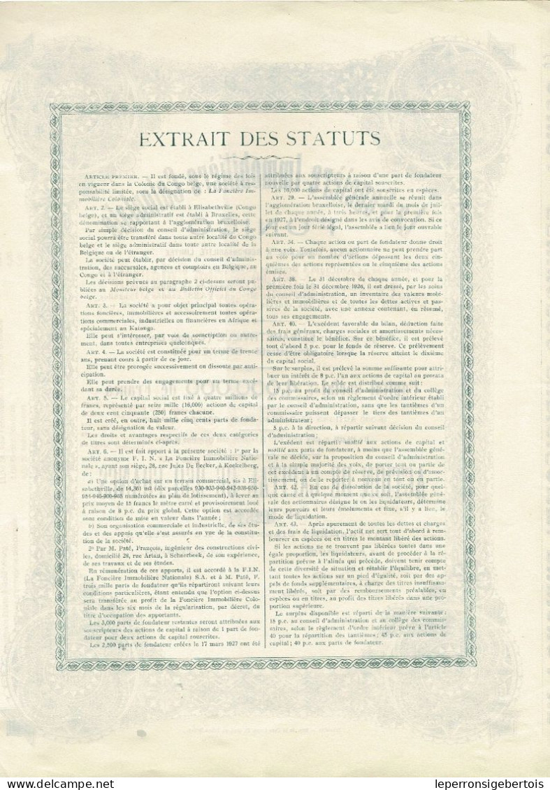 - Titre De 1927 - La Foncière Immobilière Coloniale - FONICO - Société Congolaise à Responsablilité Limitée - - Afrika