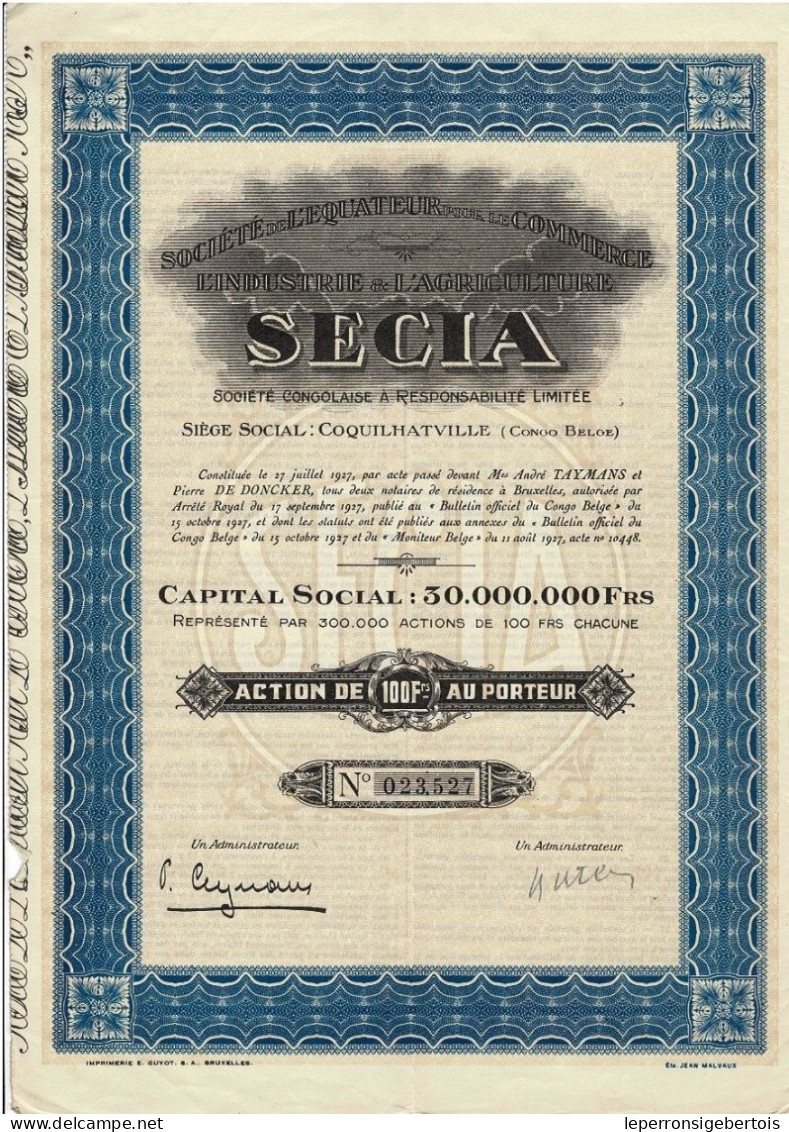 Titre De 1927- Sté De L'Equateur Pour Le Commerce, L'Industrie & L'Agriculture Sté Congolaise à Responsablilité Limitée - Africa