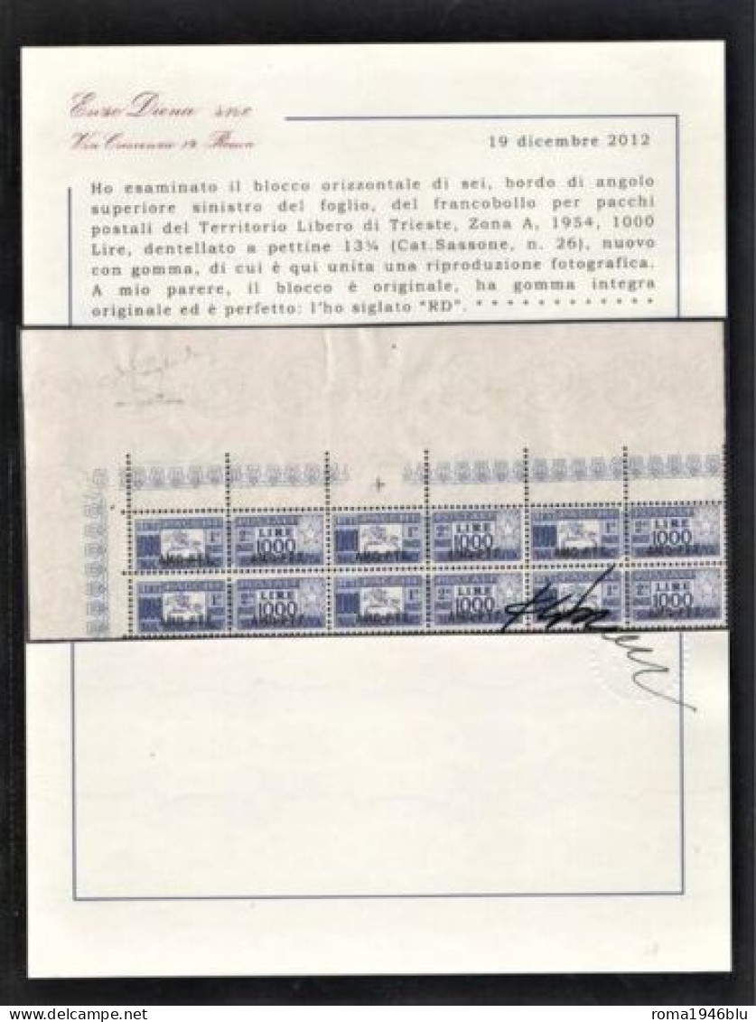 TRIESTE A 1954 CAVALLINO BLOCCO DA SEI PETTINE CENTRATISSIMO ** MNH C. RAYBAUDI - Pacchi Postali/in Concessione