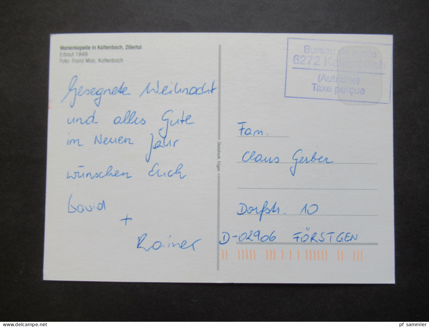 Österreich Ab 2000 PK Marienkapelle Kaltenbach / Violetter Ra4 Bureau De Poste 6272 Kaltenbach (Autriche) Taxe Percue - Covers & Documents