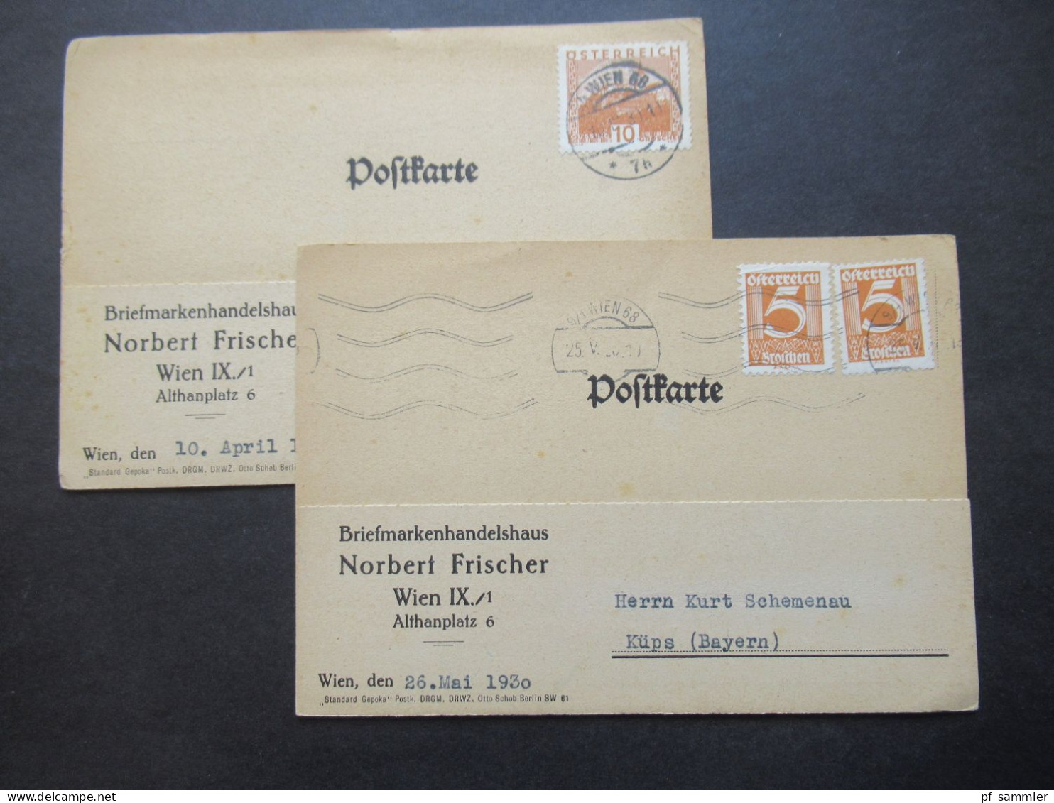 Österreich 1930 2x Postkarte Briefmarkenhandelshaus Norbert Fischer Wien IX. Althanplatz Nach Küps In Bayern Gesendet - Covers & Documents