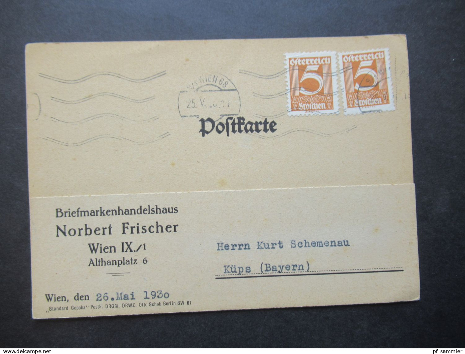 Österreich 1930 2x Postkarte Briefmarkenhandelshaus Norbert Fischer Wien IX. Althanplatz Nach Küps In Bayern Gesendet - Covers & Documents