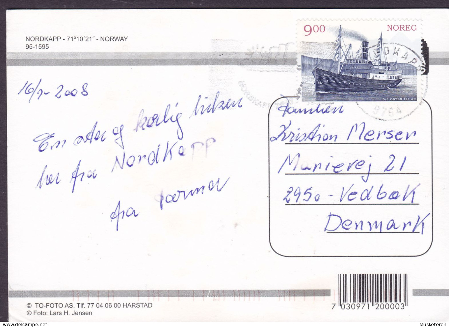 Norway PPC Nordkapp 71°10'21'' NORDKAPP 2008 VEDBÆK Denmark D/S OSTER Ship Schiff Stamp - Covers & Documents