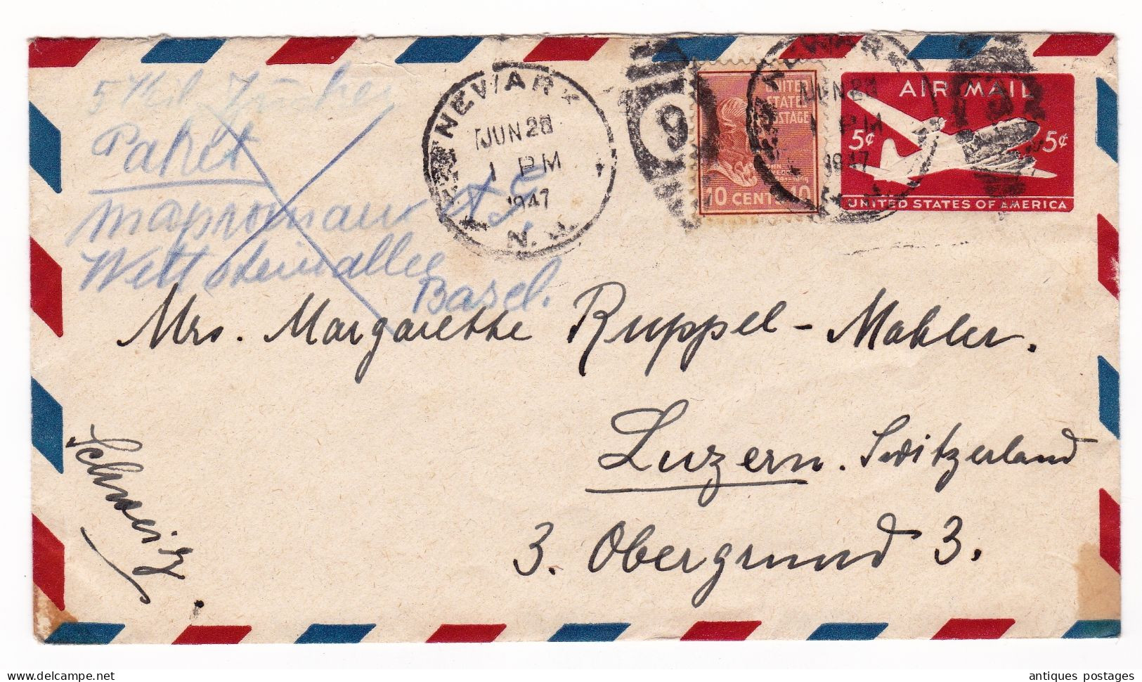 Lettre 1947 Newark New Jersey USA Pingel Mahler Luzern Ruppel Mahler Switzerland Schweiz - 2a. 1941-1960 Used