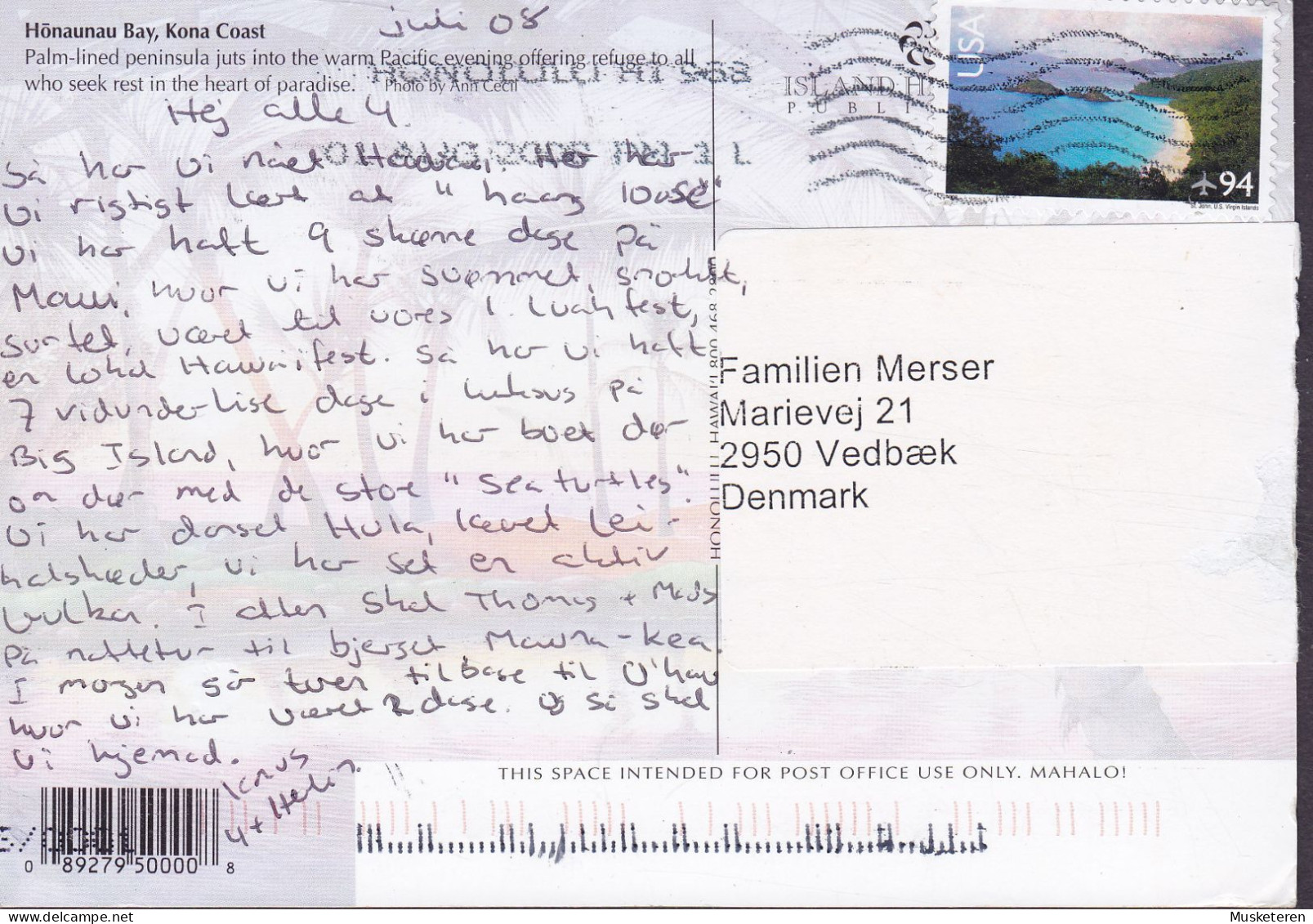 United States PPC Hawaii Honaunau Bay, Kona Coast 2008 To VEDBÆK Denmark (2 Scans) - Hawaï
