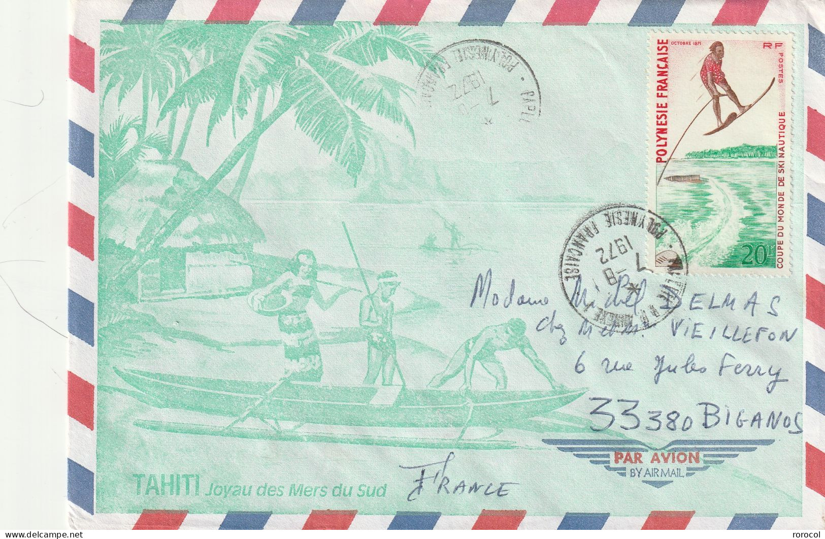 POLYNESIE FRANCAISE Lettre 1972 PAPEETE RP ANNEXE 1 Pour Biganos N° 87 Championnat Du Monde De Ski Nautique - Cartas & Documentos