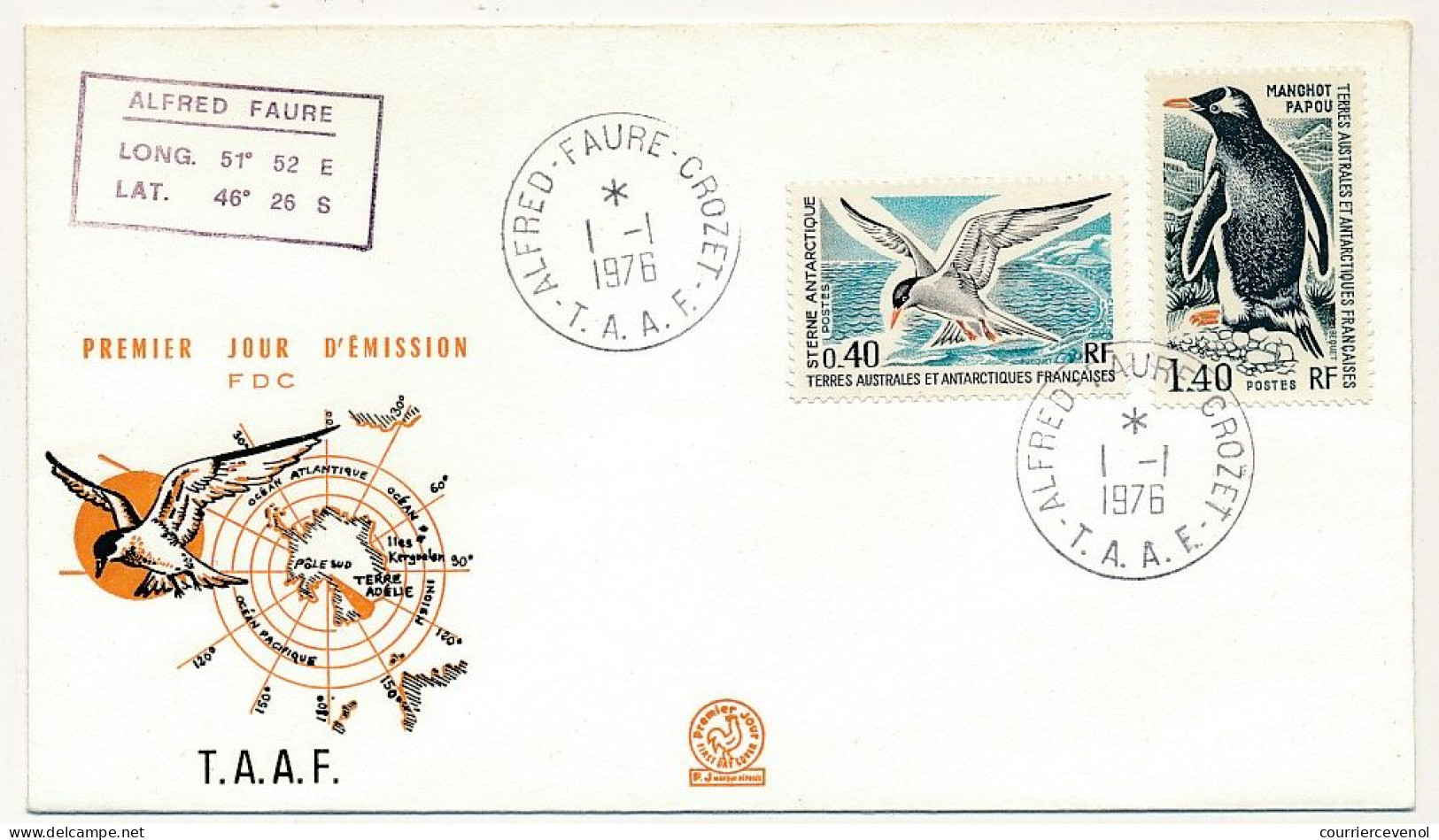 TAAF - Env FDC - 0,40 Sterne Atlantique +1,40 Manchot Papou - Alfred Faure Crozet - 1/1/1976 - FDC