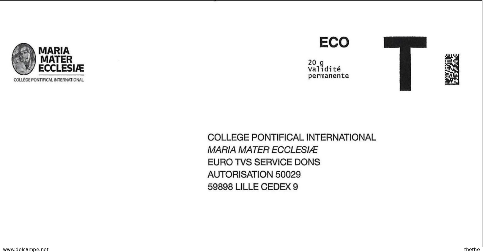 Enveloppe Réponse T - ECO - MARIA MATER ECCLESIA - 20 G Validité Permanente (Collége Pontifical International) - Cartes/Enveloppes Réponse T