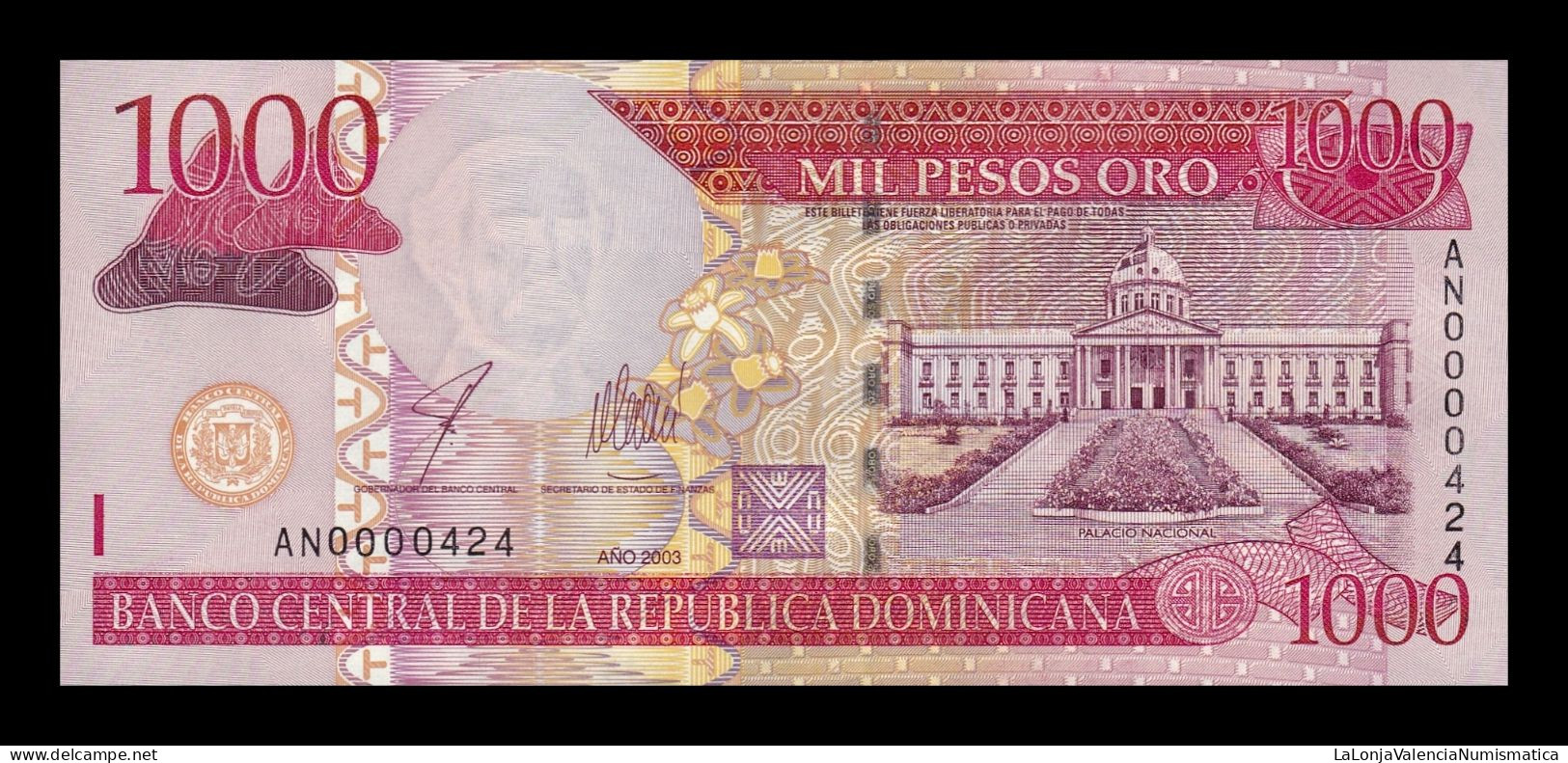 República Dominicana 1000 Pesos Oro 2003 Pick 173b Low Serial 424 Sc Unc - Dominicaine