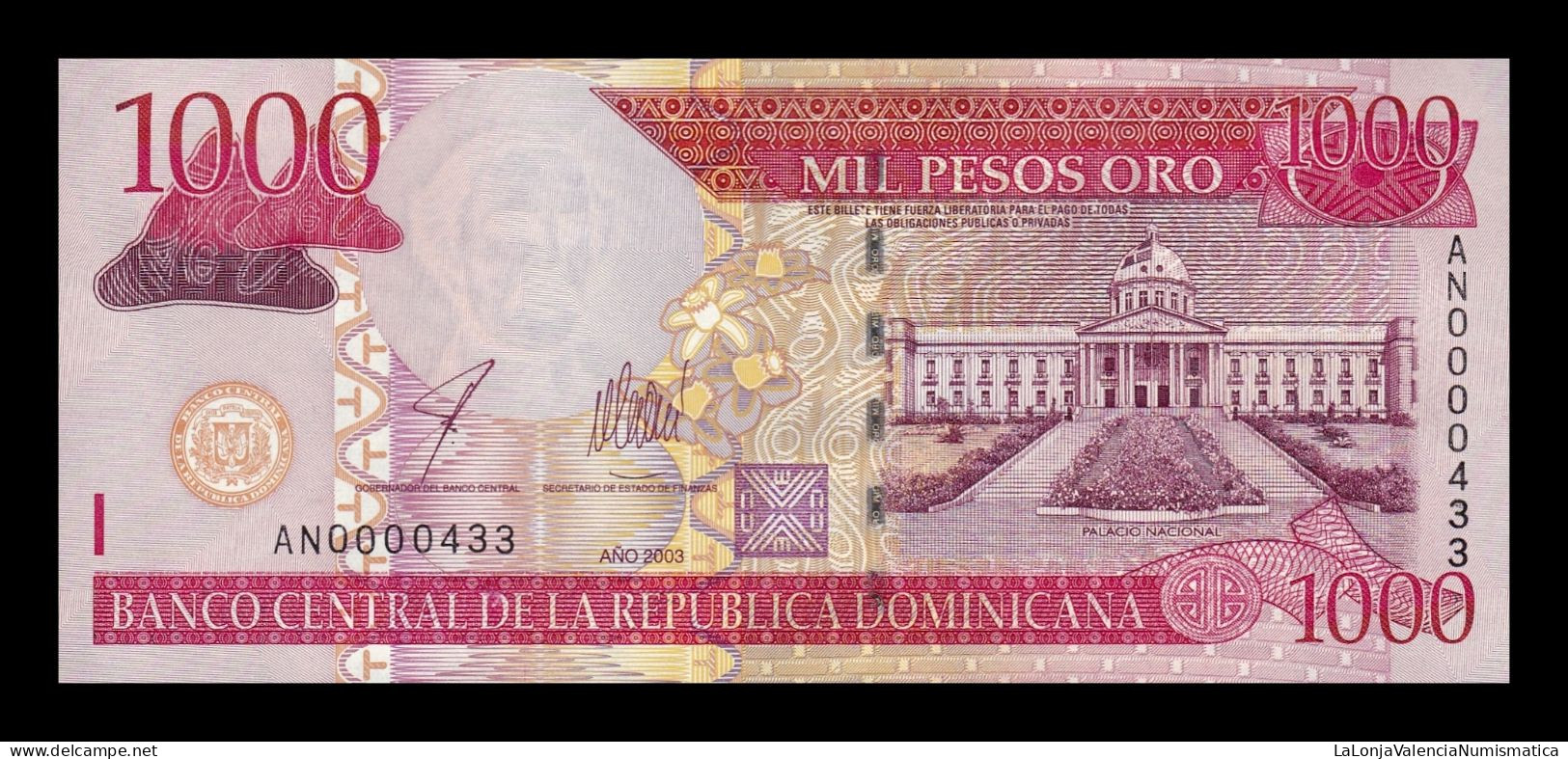 República Dominicana 1000 Pesos Oro 2003 Pick 173b Low Serial 433 Sc Unc - Dominicaine