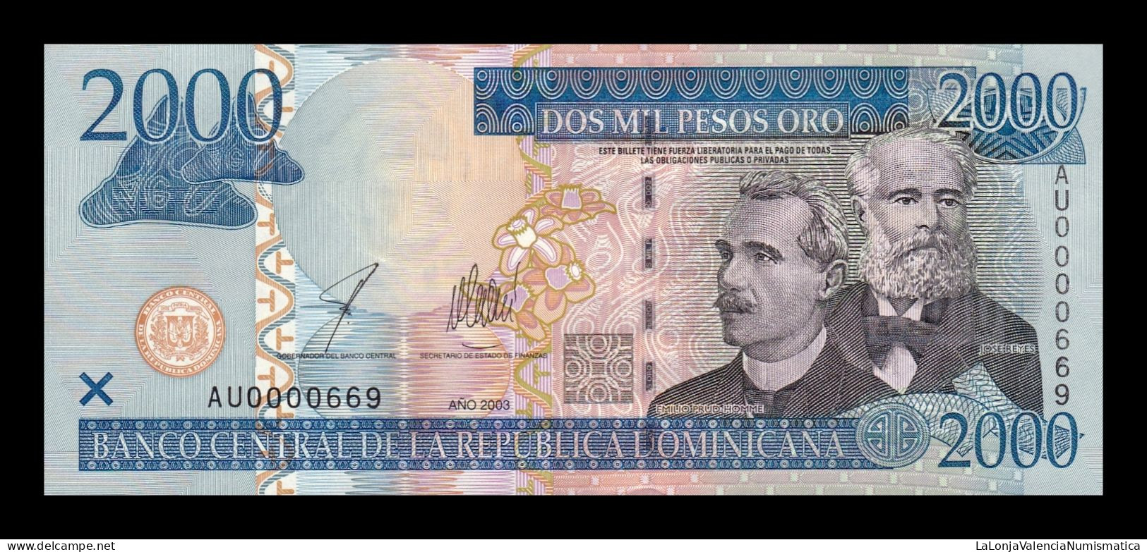 República Dominicana 2000 Pesos Oro 2003 Pick 174b Low Serial 669 Sc Unc - Dominicaine