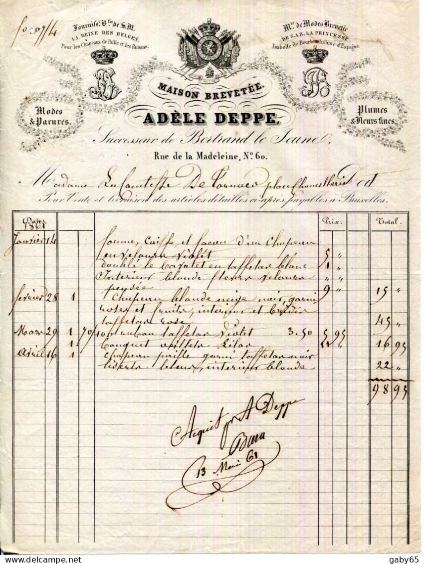 FACTURE.BELGIQUE.BRUXELLES.MODES & PARURES.PLUMES & FLEURS FINES.ADELE DEPPE 60 RUE DE LA MADELEINE.1861. - Textilos & Vestidos