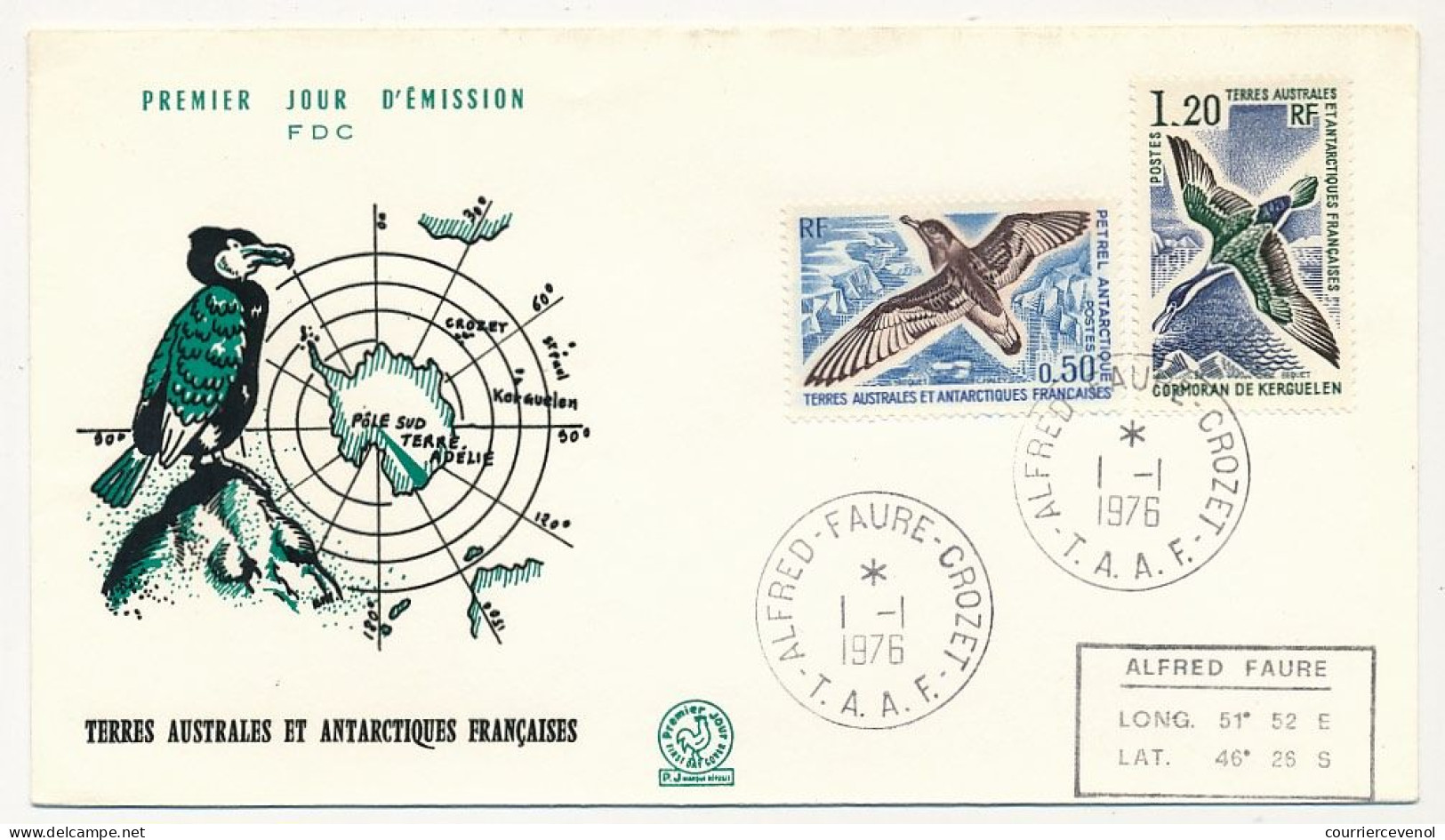 TAAF - Env FDC - 0,50 Petrel Antarctique + 1,20 Cormoran De Kerguelen - Alfred Faure Crozet - 1/1/1976 - FDC