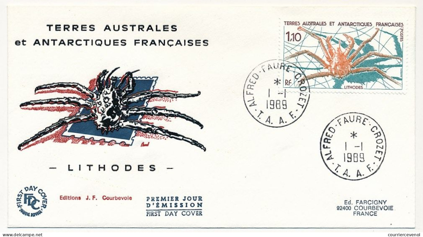 TAAF - Env FDC - 1,10 Lithodes - Alfred Faure Crozet - 1/1/1989 - FDC