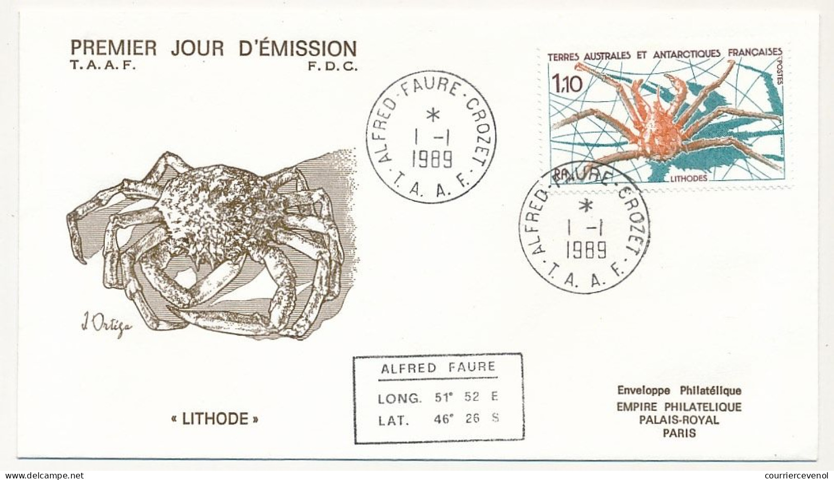 TAAF - Env FDC - 1,10 Lithodes - Alfred Faure Crozet - 1/1/1989 - FDC