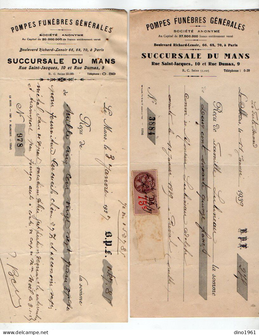 VP22.035 - 1927 / 39 - Lettre De Change - Société Des Pompes Funèbres Générales à PARIS - Succursale Du MANS - Letras De Cambio