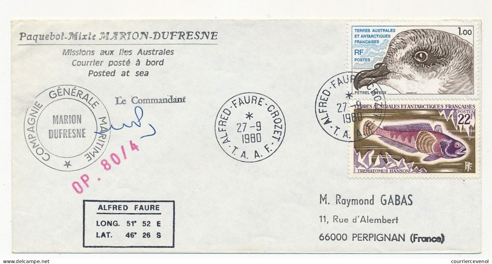 TAAF - Env Affr 1F Petrel + 22F Trematomus Hansoni - Alfred Faure Crozet - 27/9/1980 - Paquebot Marion Dufresne - Cartas & Documentos