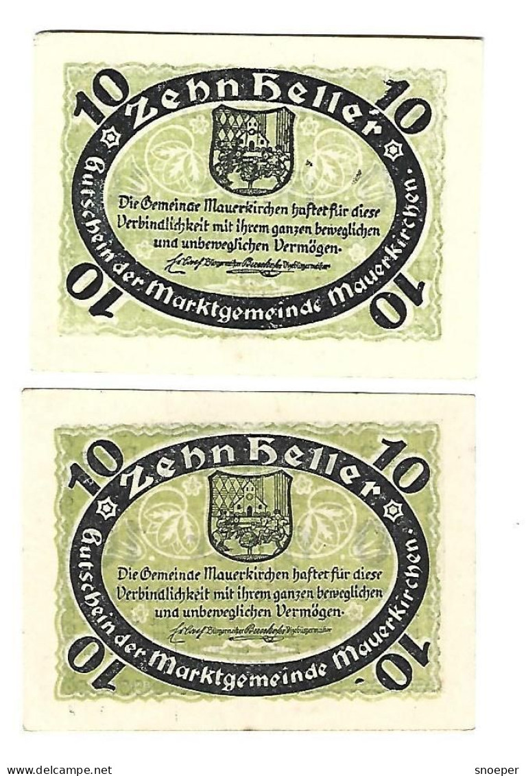 **notgeld   Austria Mauerkirchen 2 X 10 Heller    598/1a+b Cat Val 4,00 Euro - Autriche