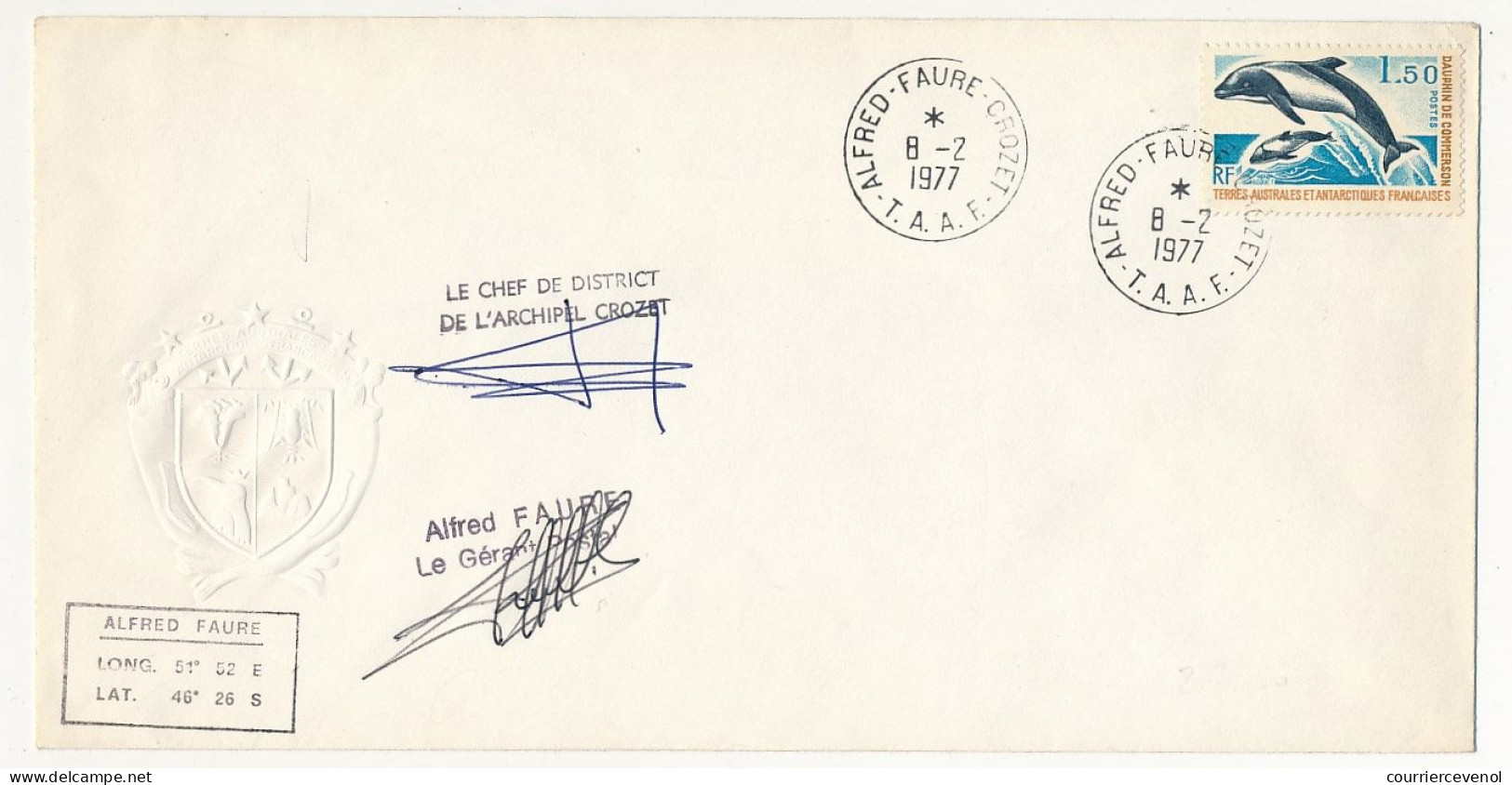 TAAF - Env Affr 1,50 Dauphin De Commerson - Cad Alfred Faure Crozet - 8/2/1977 - Covers & Documents