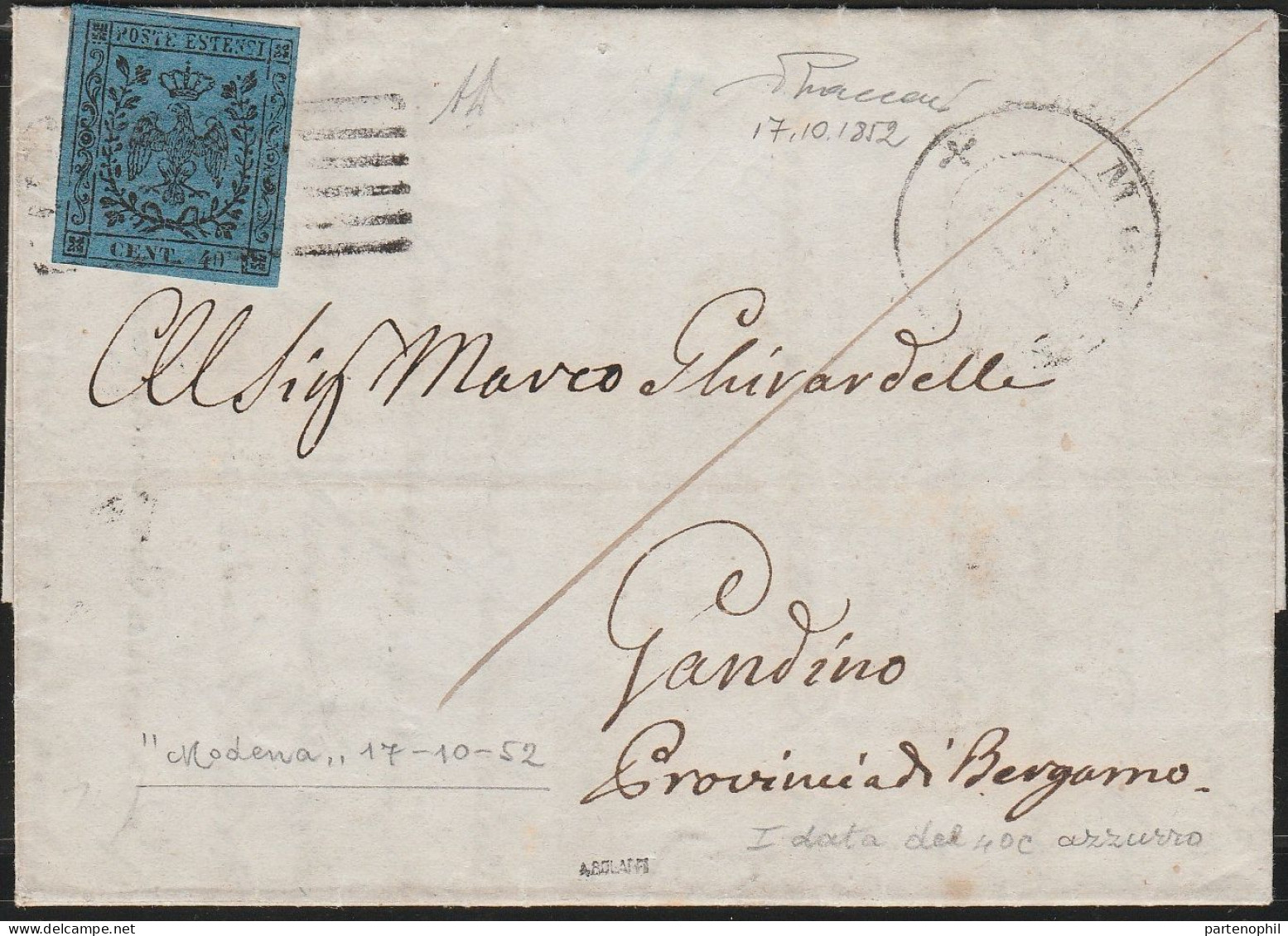 15 - Lettera Spedita Da Modena Con Data Manoscritta Interna Del 15 Ottobre 1852 Per Gandino, Affrancata Con 40 C. Azzurr - Modène