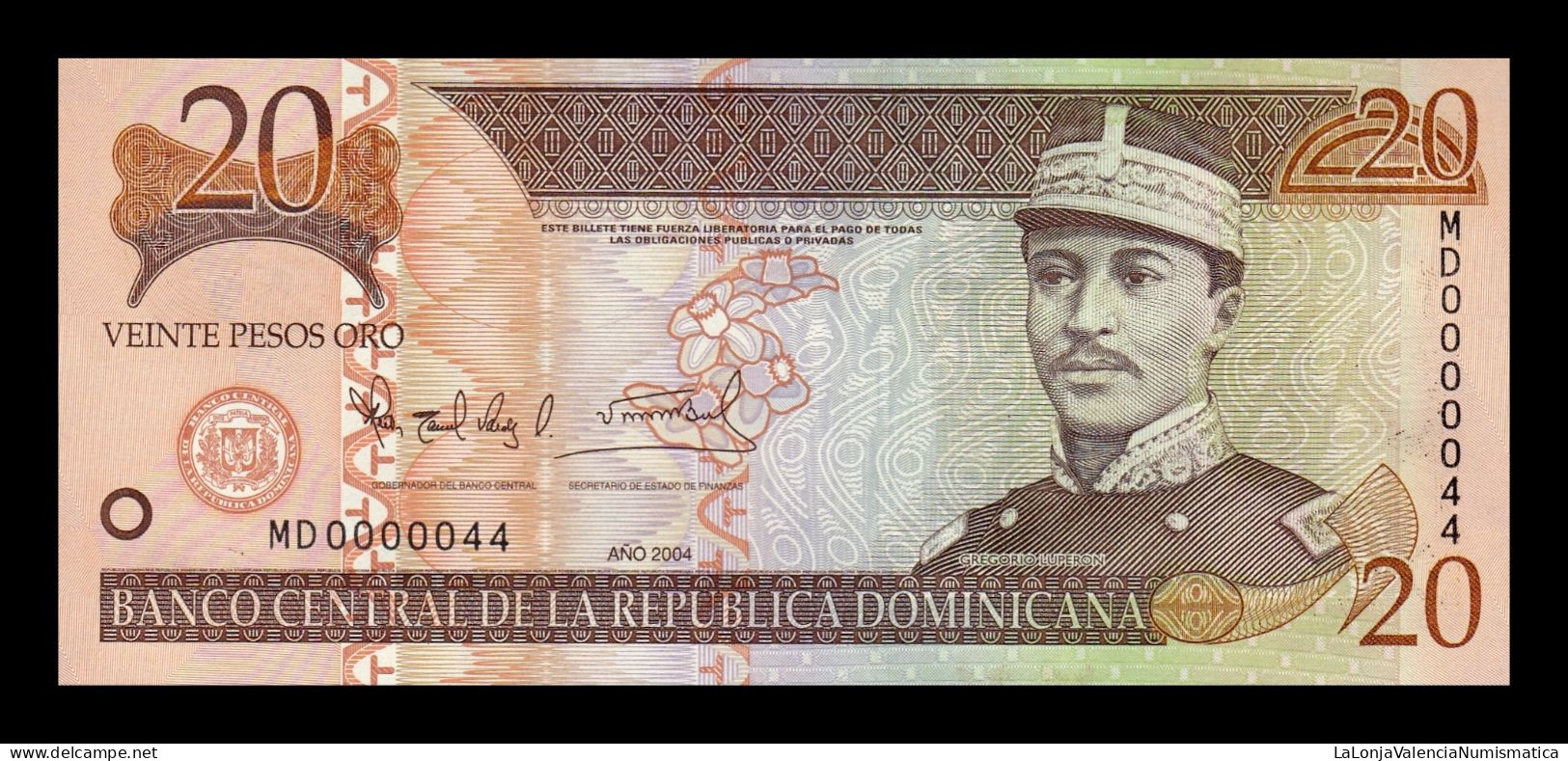 República Dominicana 20 Pesos Oro 2004 Pick 169d Low Serial 44 Sc Unc - Dominicaine