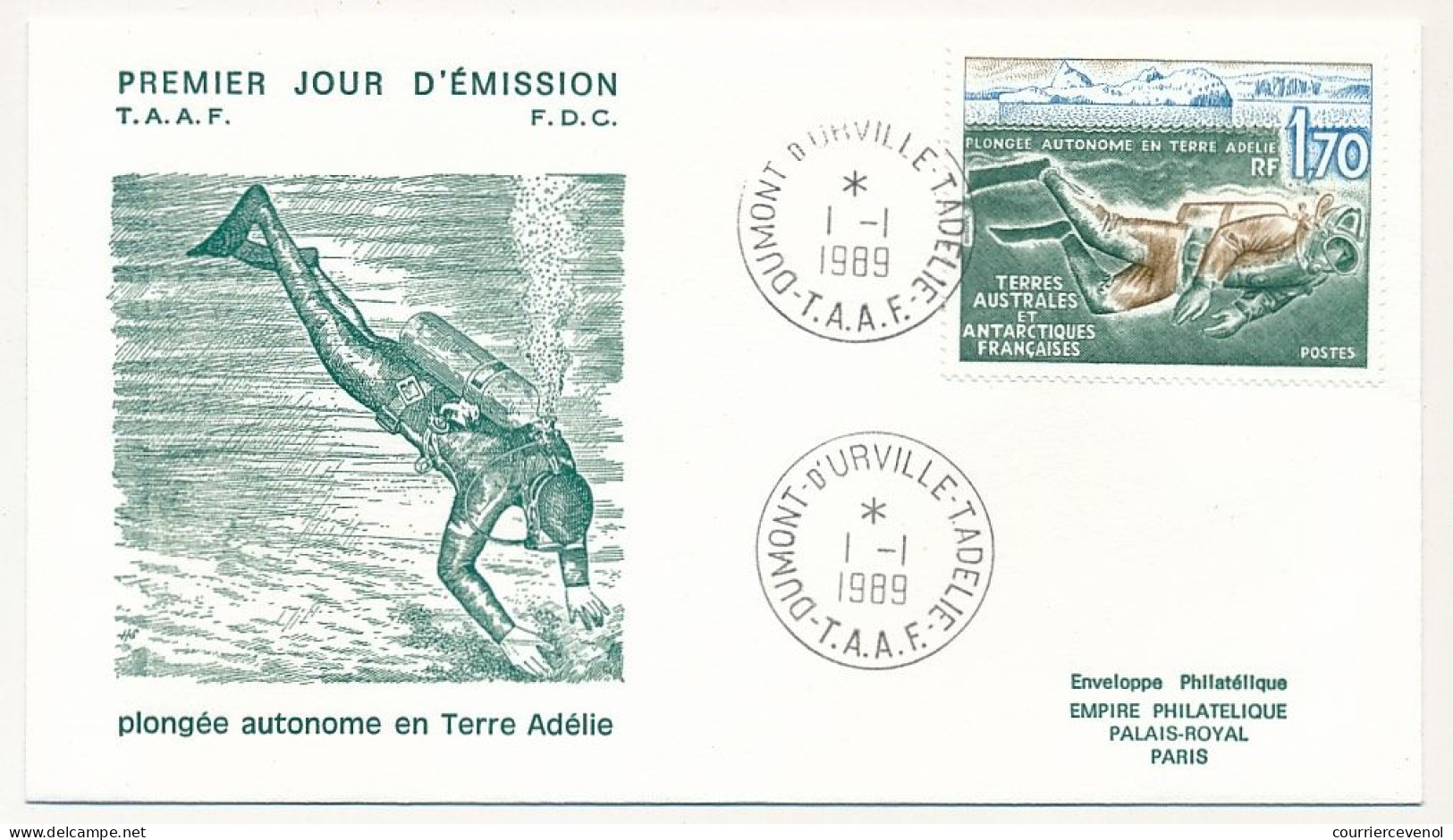 TAAF - Env FDC - 1,70 Plongée Autonome - Obl Dumont D'Urville T.Adélie - 1/1/1989 - FDC