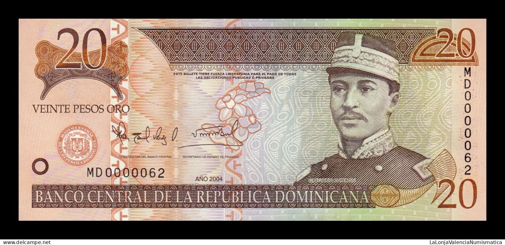 República Dominicana 20 Pesos Oro 2004 Pick 169d Low Serial 62 Sc Unc - Dominicaine