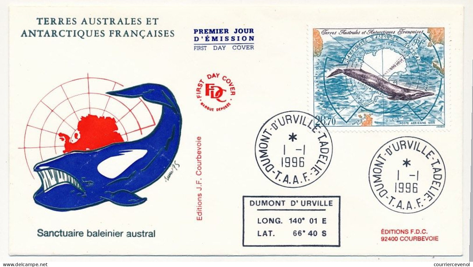 TAAF - Env FDC - 23,70 Sanctuaire Baleinier Austral - Obl Dumont D'Urville T.Adélie - 1/1/1996 - FDC