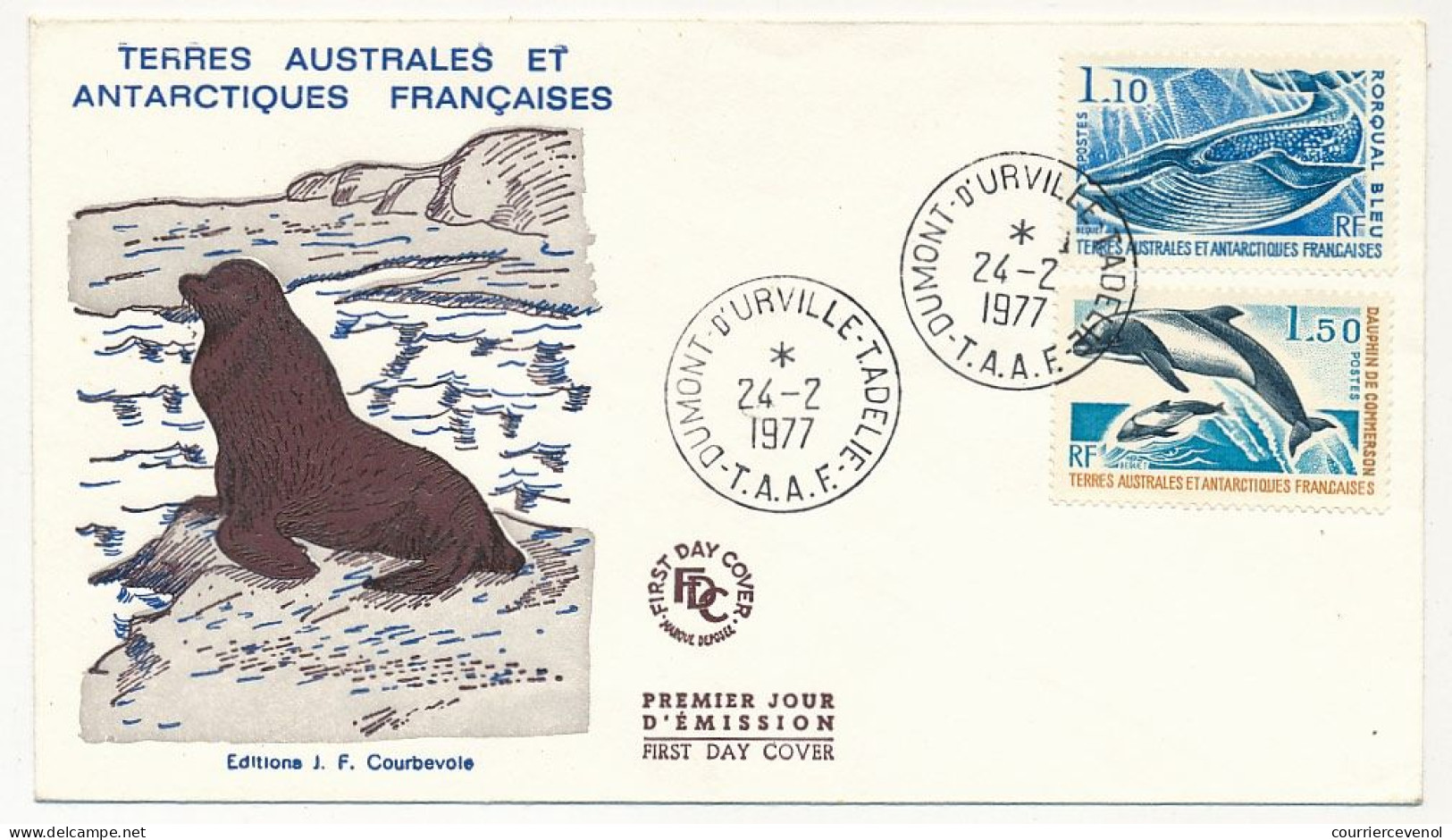 TAAF - Env FDC - 1,10 Rorqual Bleu + 1,50 Dauphin De Commerson - Obl Dumont D'Urville T.Adélie - 24/2/1977 - FDC