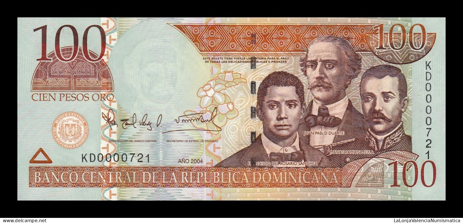 República Dominicana 100 Pesos Oro 2004 Pick 171d Low Serial 721 Sc Unc - Dominicaine