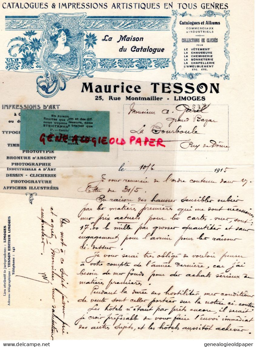 87- LIMOGES- RARE LETTRE 1915- MAURICE TESSON -IMPRIMERIE PAPETERIE EDITEUR CARTES POSTALES- 25 RUE MONTMAILLER -GAREL - Druck & Papierwaren