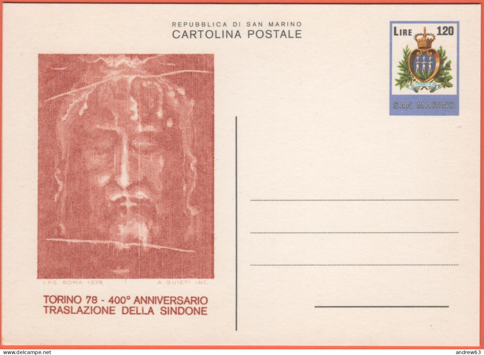 SAN MARINO - 1978 - CP45 - 120 Stemma - Sacra Sindone - Cartolina - Intero Postale - Nuovo - Entiers Postaux