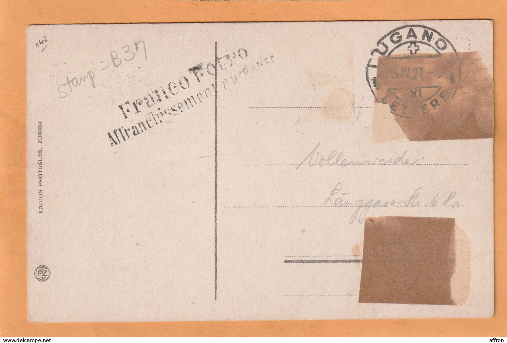 Lugano Switzerland 1926 Postcard - Sonstige & Ohne Zuordnung