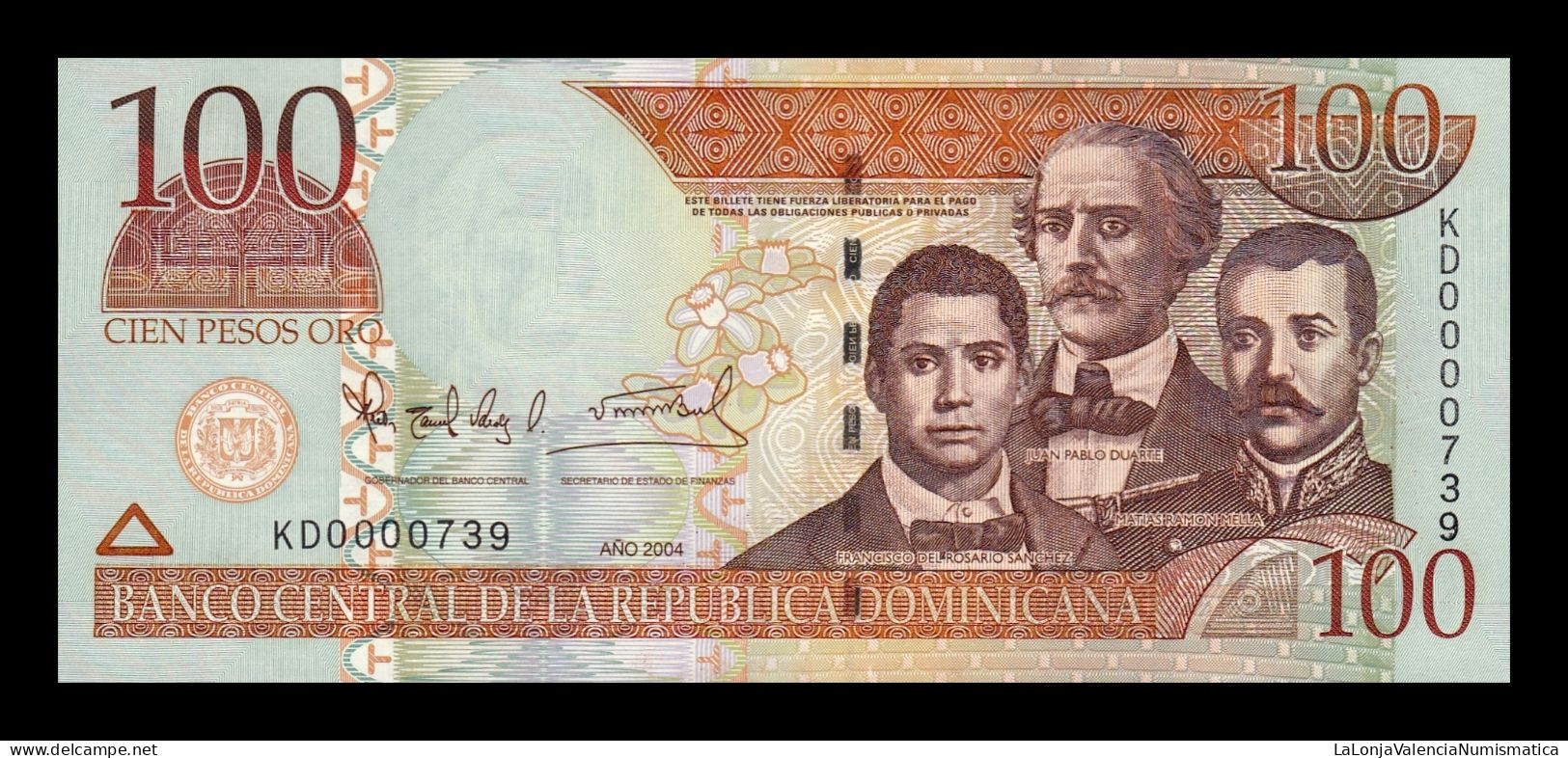 República Dominicana 100 Pesos Oro 2004 Pick 171d Low Serial 739 Sc Unc - Dominicaine