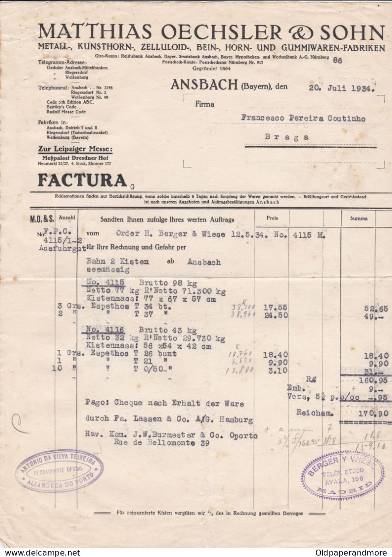 GERMANY  - COMMERCIAL DOCUMENT - ANSBACH - BAYERN - 1934 - 1900 – 1949