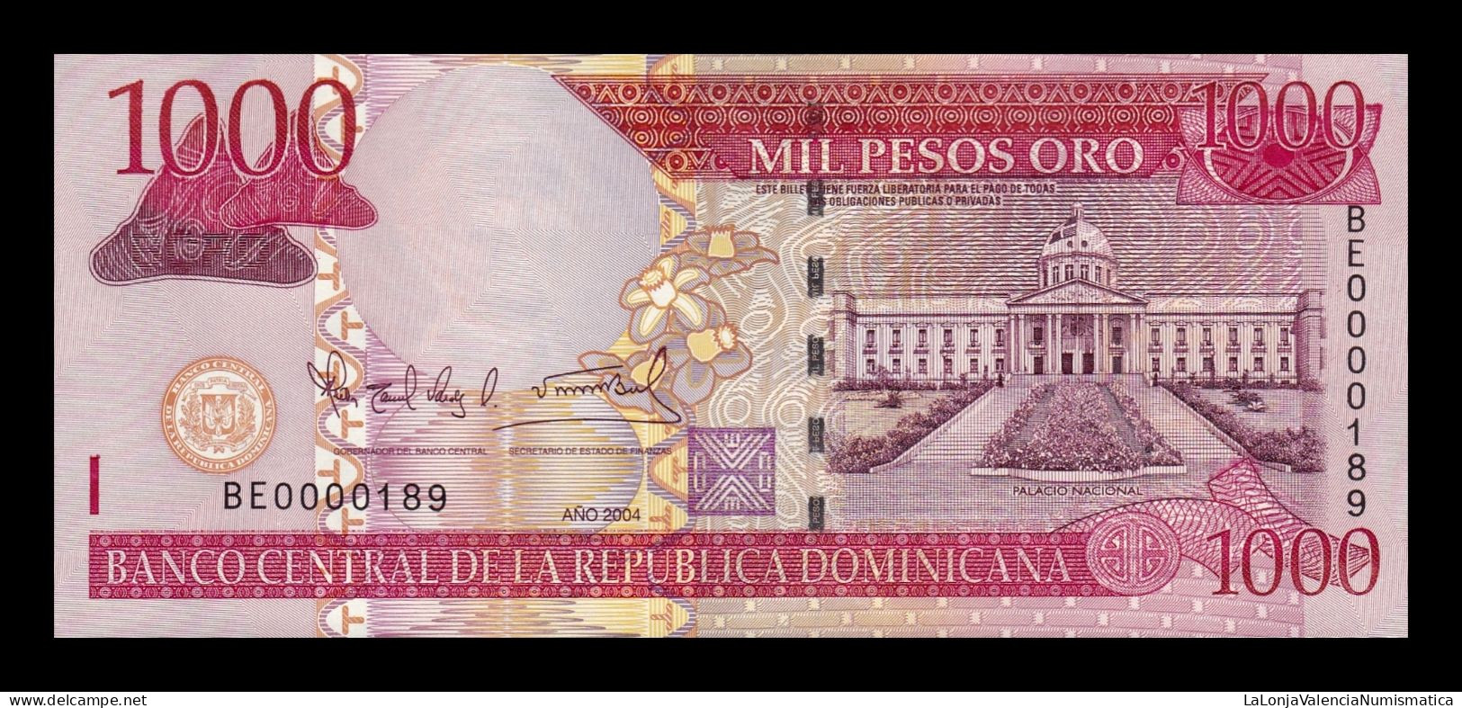 República Dominicana 1000 Pesos Oro 2004 Pick 173c Low Serial 189 Sc Unc - Dominicaine