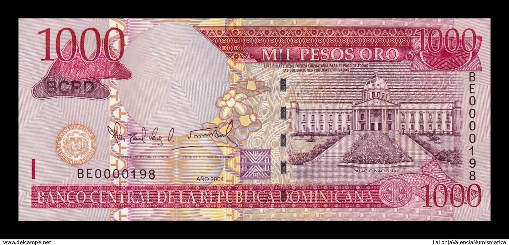 República Dominicana 1000 Pesos Oro 2004 Pick 173c Low Serial 198 Sc Unc - Dominicana