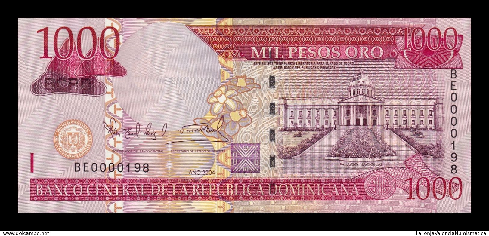 República Dominicana 1000 Pesos Oro 2004 Pick 173c Low Serial 198 Sc Unc - Dominicaine