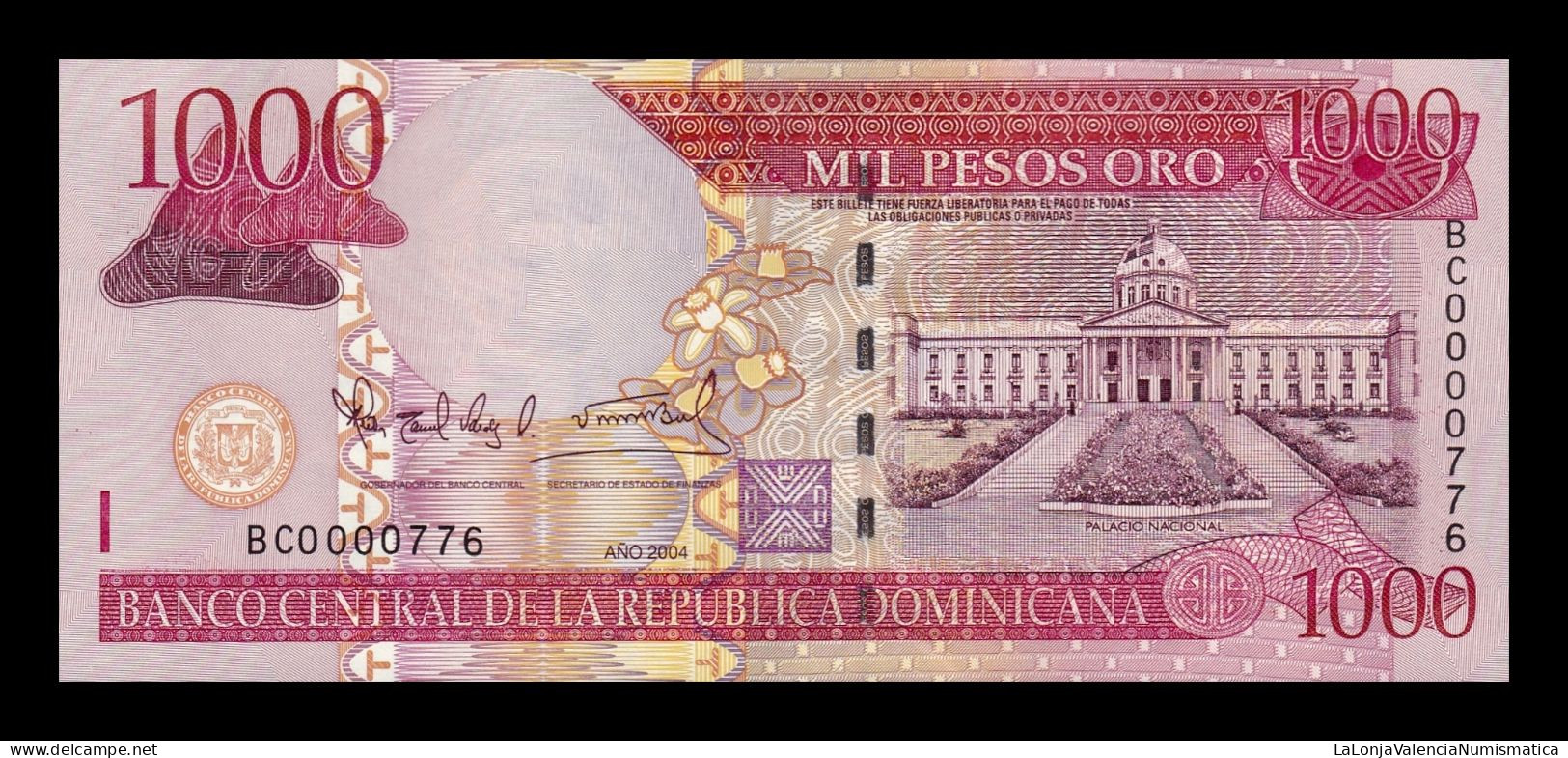 República Dominicana 1000 Pesos Oro 2004 Pick 173c Low Serial 776 Sc Unc - Dominicana