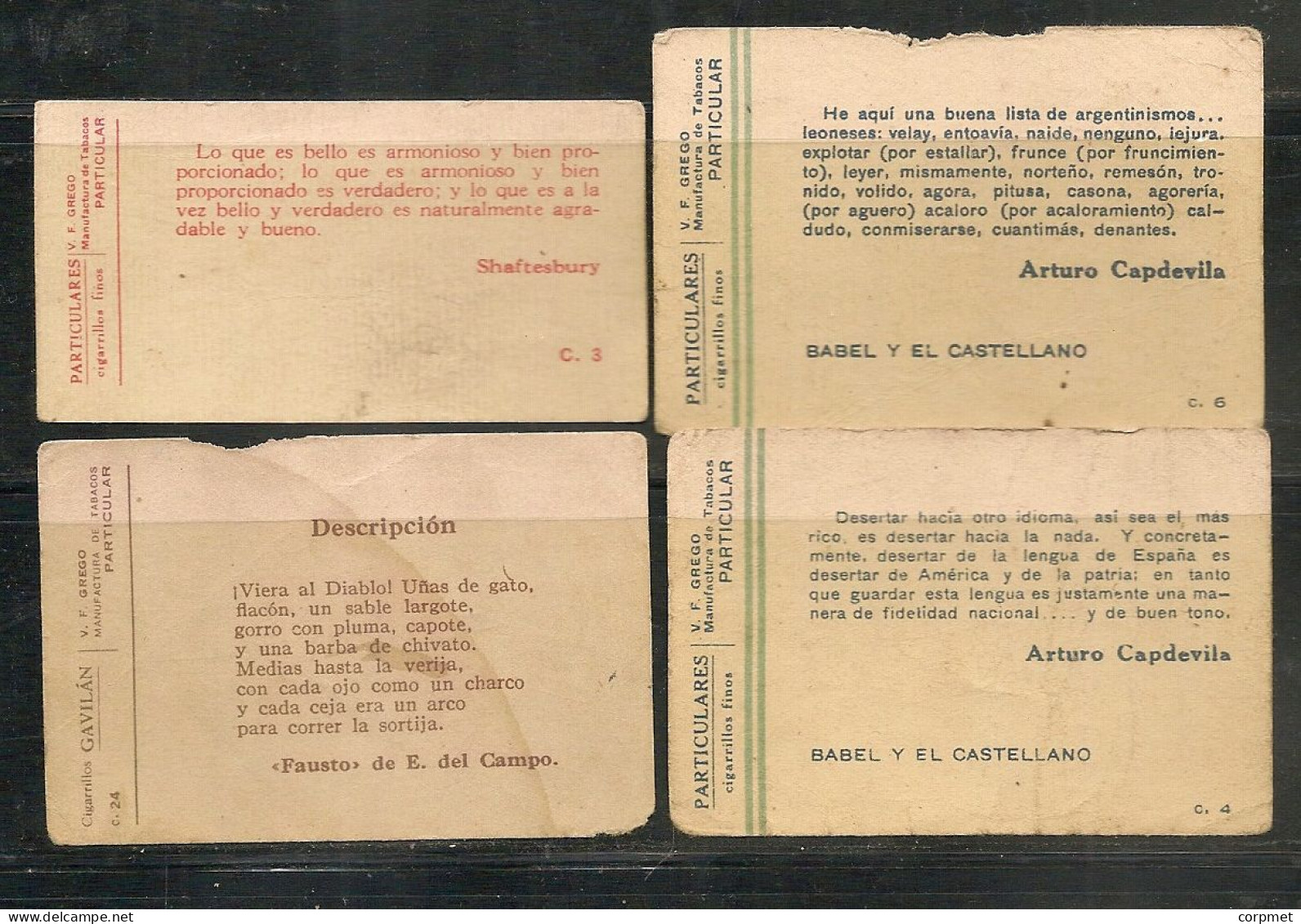 ARGENTINA - CIGARRILLOS GAVILAN And P'ARTICULARES - Quotations - 4 CIGARETTES CARDS - - Colecciones Y Lotes