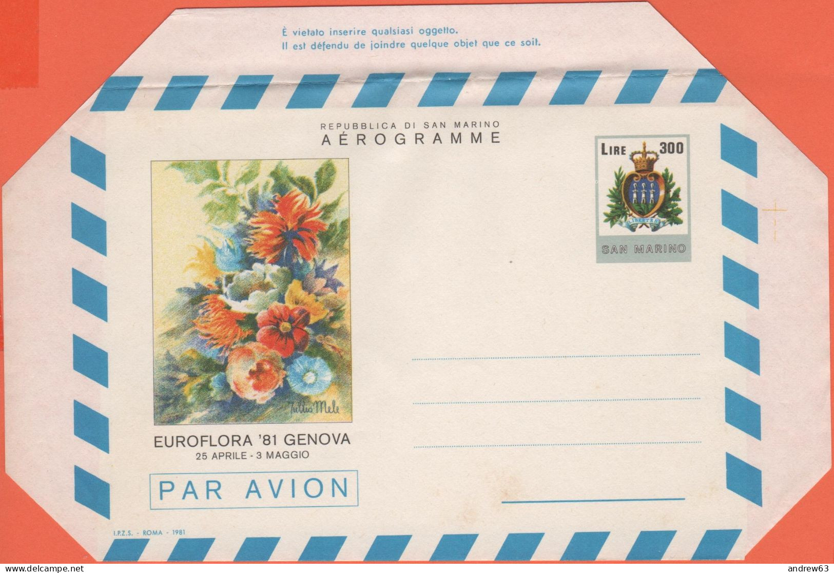 SAN MARINO - 1981 - AG11 - 300 Euroflora '81 - Genova - Aerogramma - Intero Postale - NUOVO - Entiers Postaux