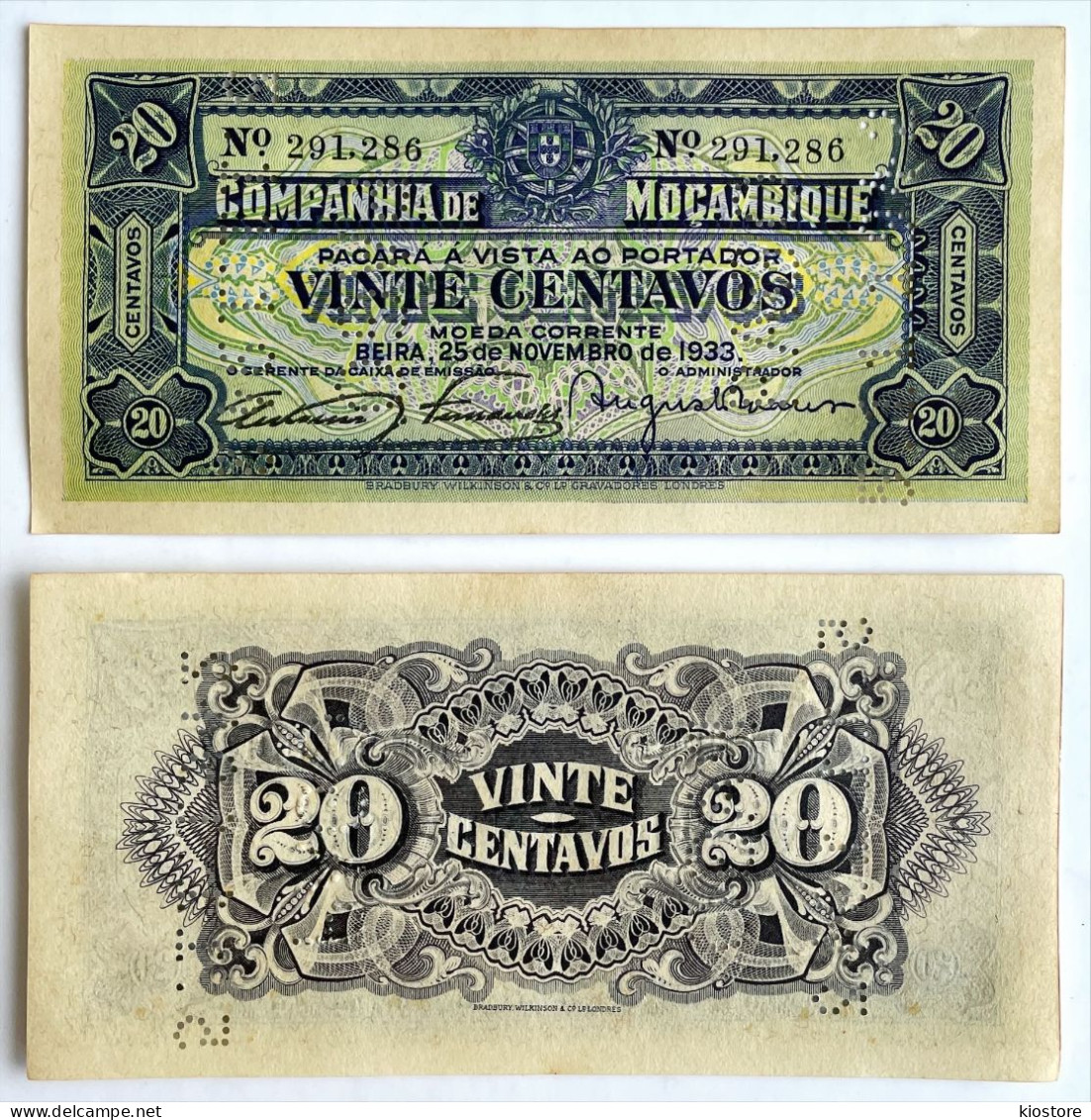 Mozambique 20 Centavos 1933 P#r29 Perforated UNC - Mozambique