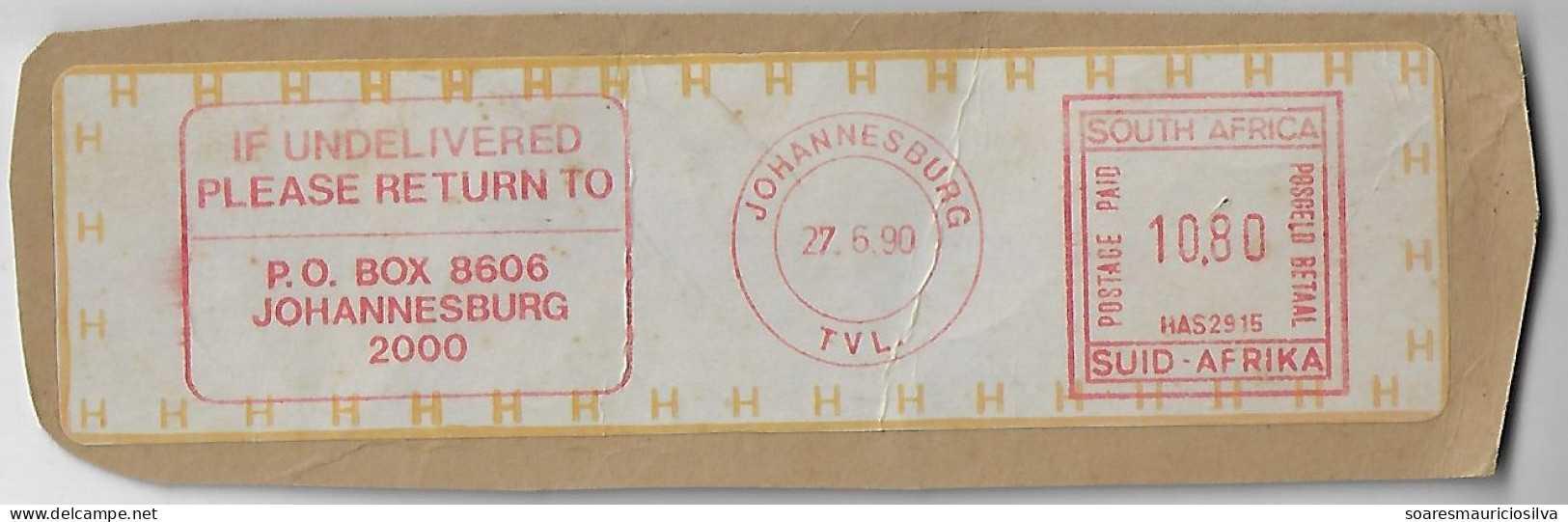 South Africa 1990 Cover Fragment Meter Stamp Hasler Slogan With Label From Johannesburg - Storia Postale