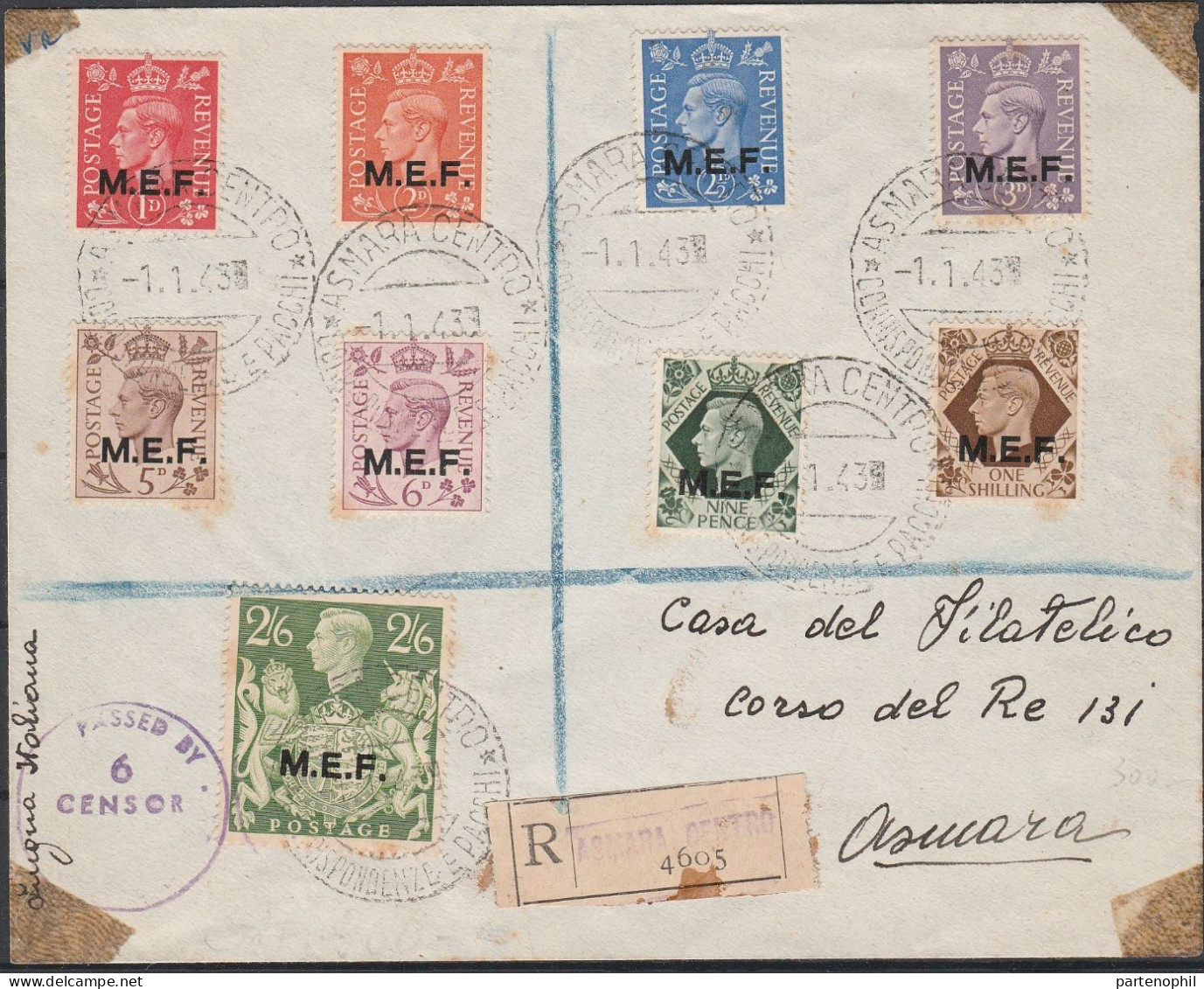 387 Occupazione Straniera Delle Colonie - Storia Postale  1.1.1943 - Raccomandata Affrancata Con Serie Completa M.E.F N. - Occ. Britanique MEF