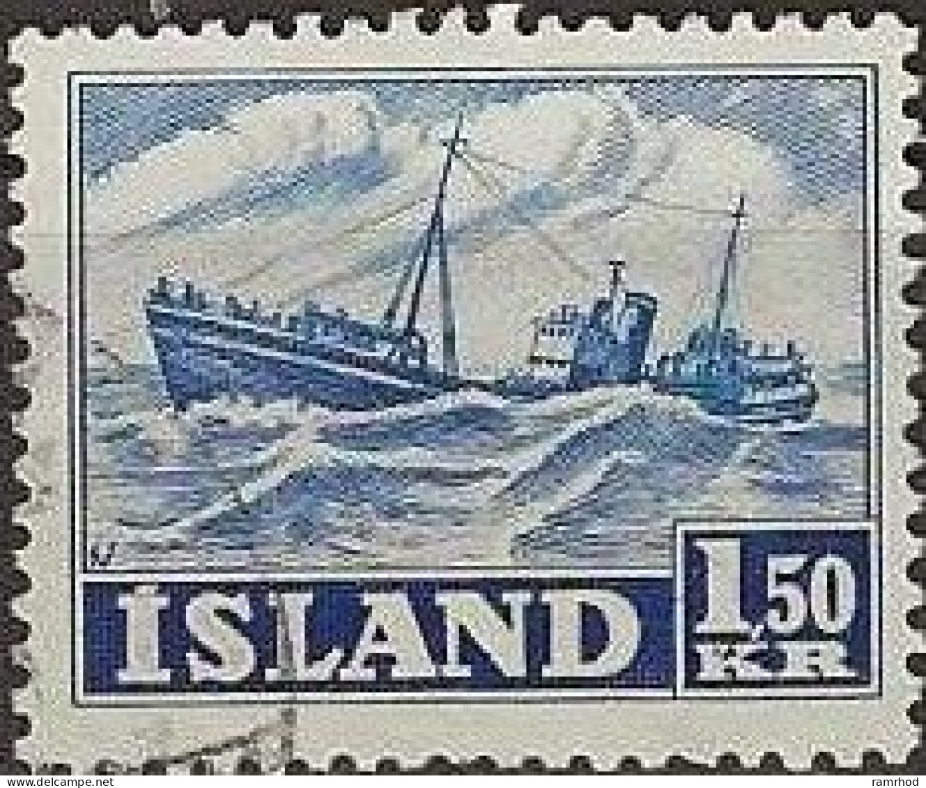 ICELAND 1950 Ingolfur Arnarson (trawler) - 1k.50 - Blue FU - Oblitérés