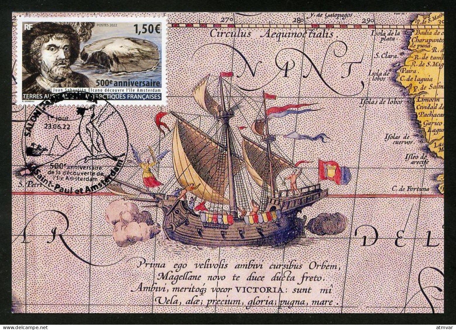 TAAF (2022) Carte Maximum Card - Juan Sebastián Elcano Découvre L'île Amsterdam à Bord Du Nao Victoria, 1522 500e Anniv. - Sonstige & Ohne Zuordnung