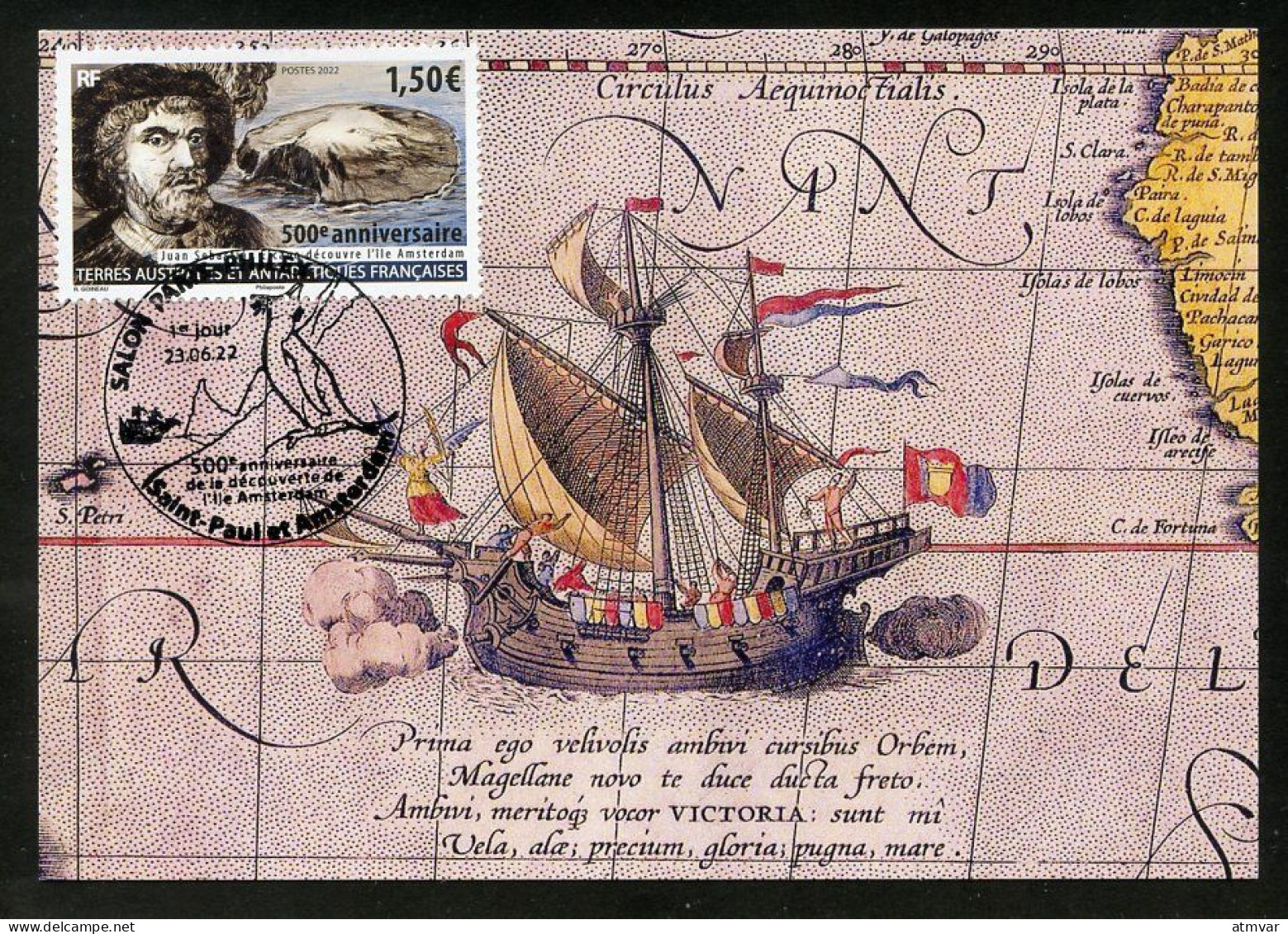 TAAF (2022) Carte Maximum Card - Juan Sebastián Elcano Découvre L'île Amsterdam à Bord Du Nao Victoria, 1522 500e Anniv. - Sonstige & Ohne Zuordnung