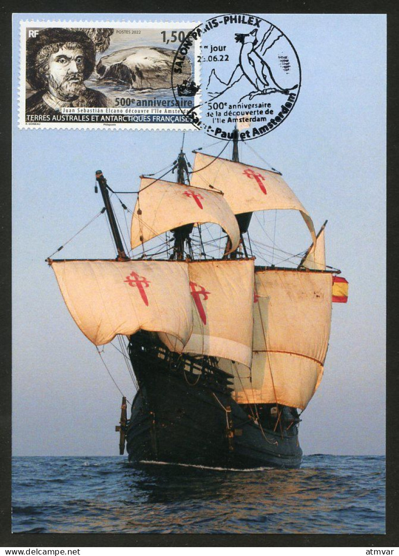TAAF (2022) Carte Maximum Card - Juan Sebastián Elcano Découvre L'île Amsterdam à Bord Du Nao Victoria, 1522 500e Anniv. - Autres & Non Classés