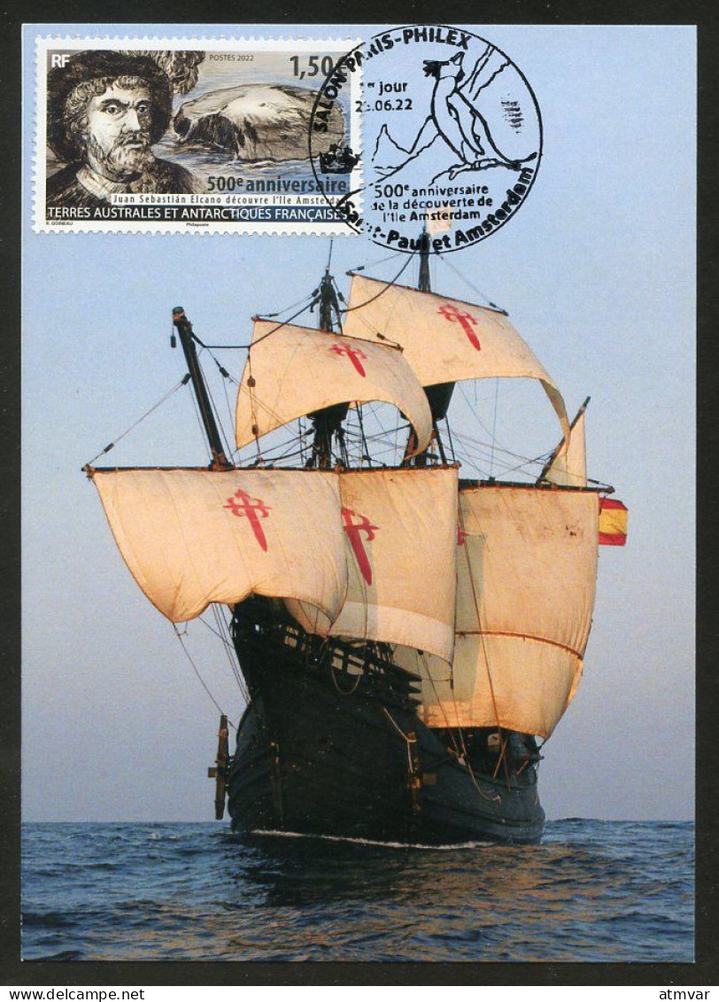 TAAF (2022) Carte Maximum Card - Juan Sebastián Elcano Découvre L'île Amsterdam à Bord Du Nao Victoria, 1522 500e Anniv. - Sonstige & Ohne Zuordnung