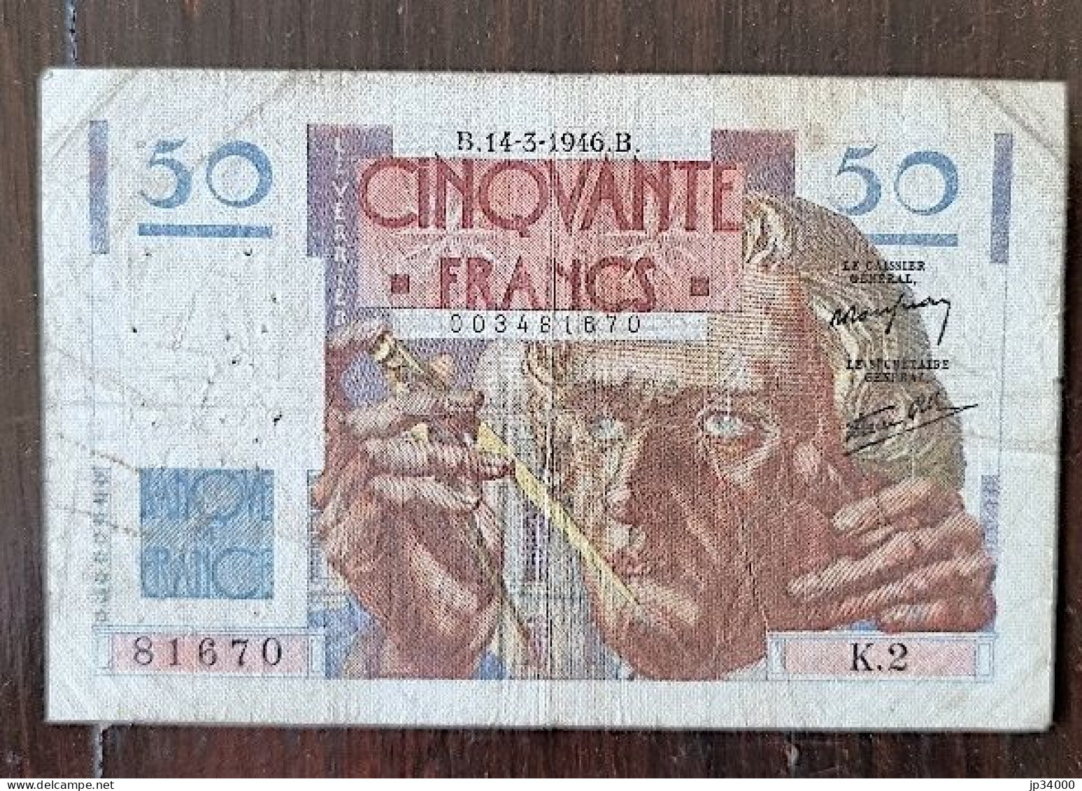 Billet 50 Francs LE VERRIER Du B.14-3-1946. B. (81670) - K.2  (la Photo Est Le Billet Vendu) - 50 F 1946-1951 ''Le Verrier''